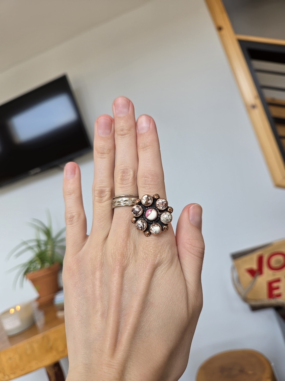 Wild Horse Turquoise Cluster Copper Ring 77